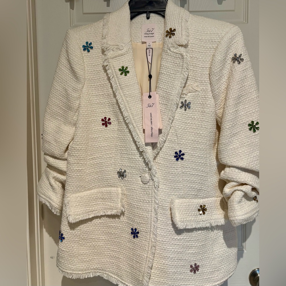 Cinq à Sept Khloe Blazer Ivory Tweed with Multicolor Crystal Embellishments NWT